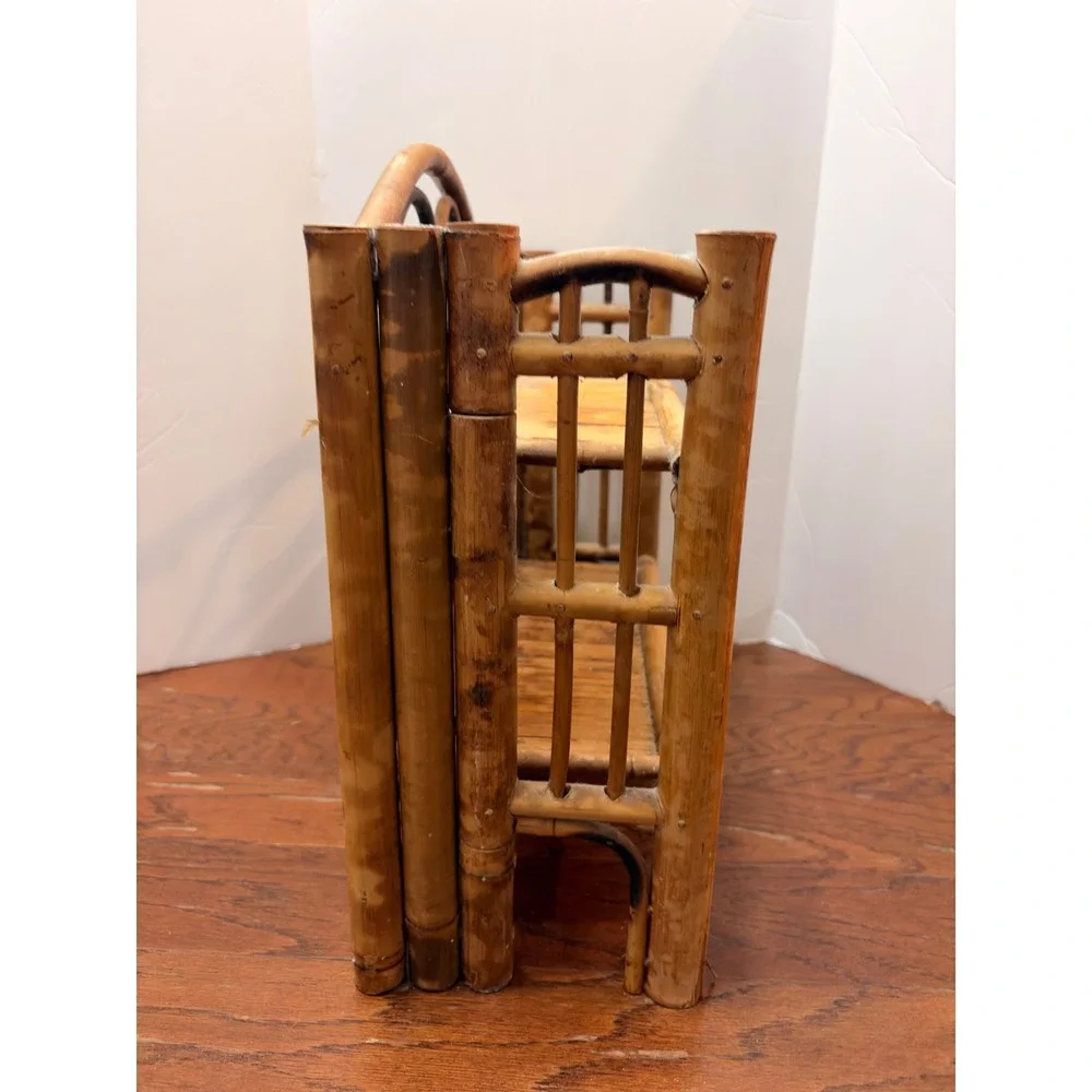 Vintage Burnt Bamboo Folding Wall Shelf Tortoiseshell Mini Boho Rattan Etagere